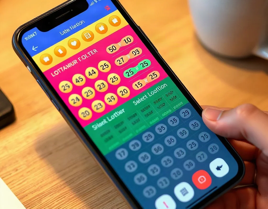 A user's smartphone displaying a colorful lottery interface with various number selection grids and odds columns on a desk with a coffee cup