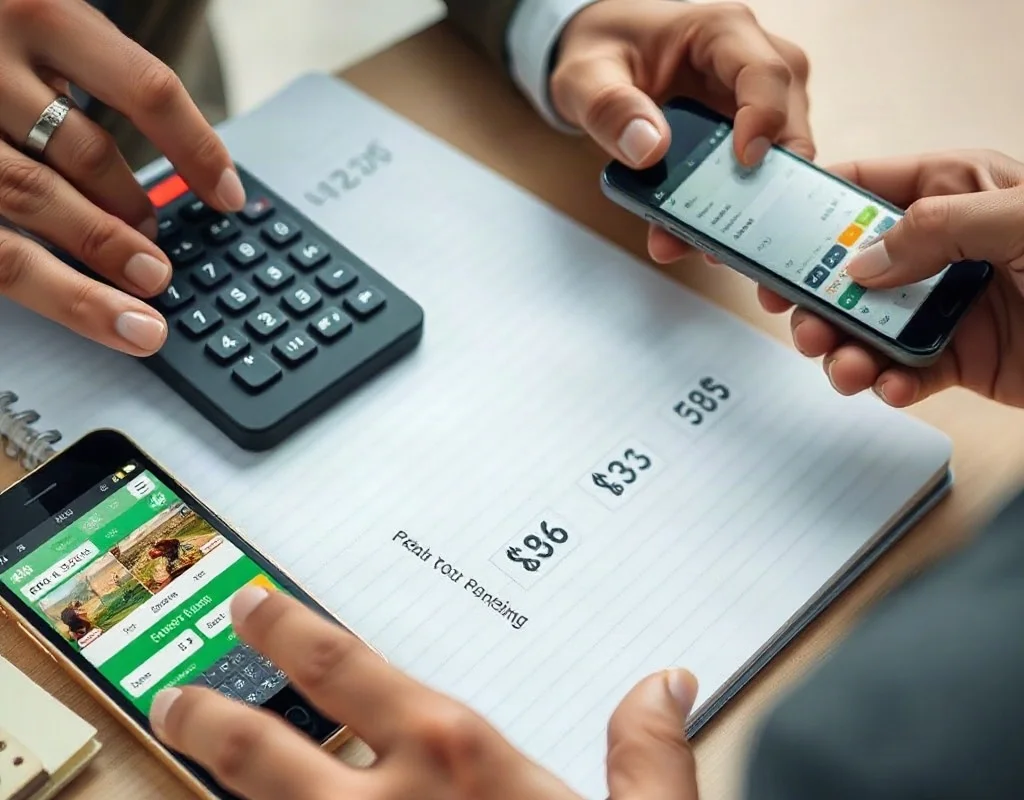 A close-up of a person calculating numbers on a notebook with a calculator and a smartphone showing a betting app, planning a budget carefully