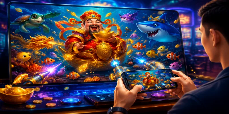 Giao diện sảnh game bắn cá thần tài với đồ họa 3D sắc nét và hệ thống sinh vật biển phong phú tại 789BET