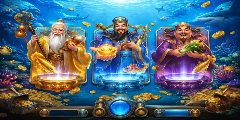 Giao diện sảnh game tam tiên bắn cá với tạo hình ba vị thần Phúc Lộc Thọ mang lại may mắn cho người chơi.