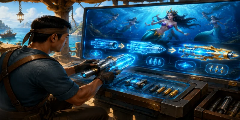Ngư thủ thực hiện thao tác nâng cấp vũ khí để săn boss lớn trong sảnh game giải trí trực tuyến.